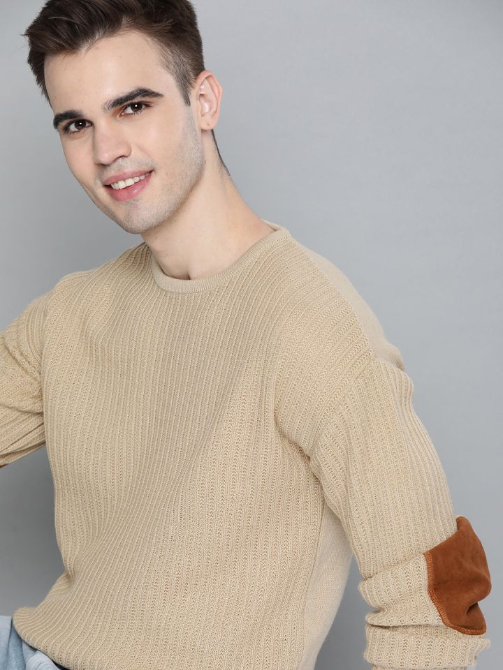 Buy Mast Harbour Men Beige Solid Pullover Sweater Sweaters for