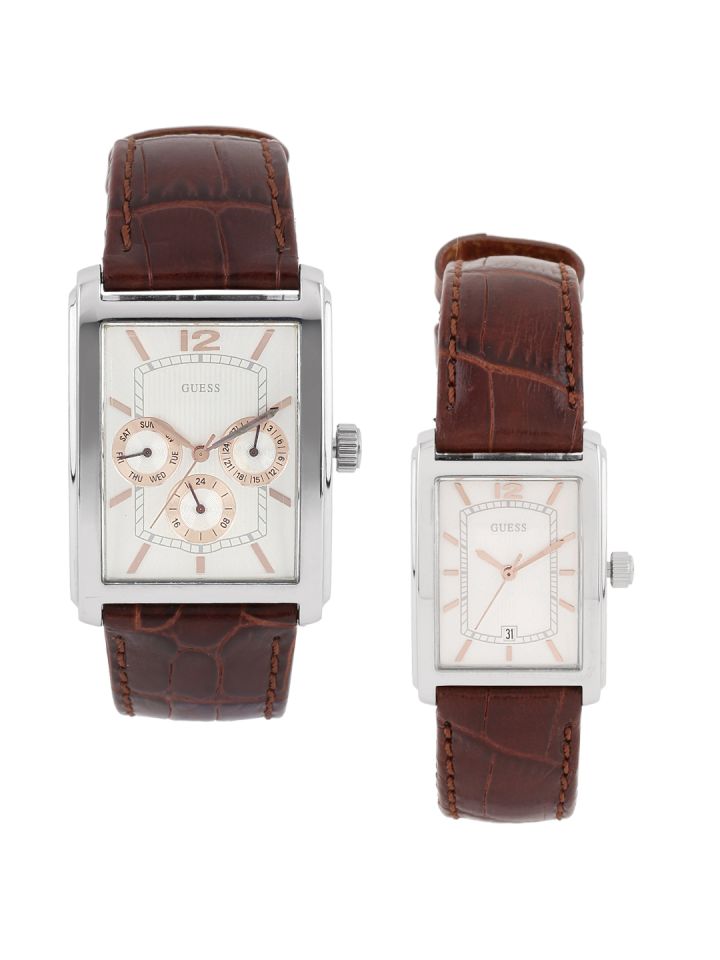GUESS Set of 2 His Her Silver Toned Dial Watches W15060P1