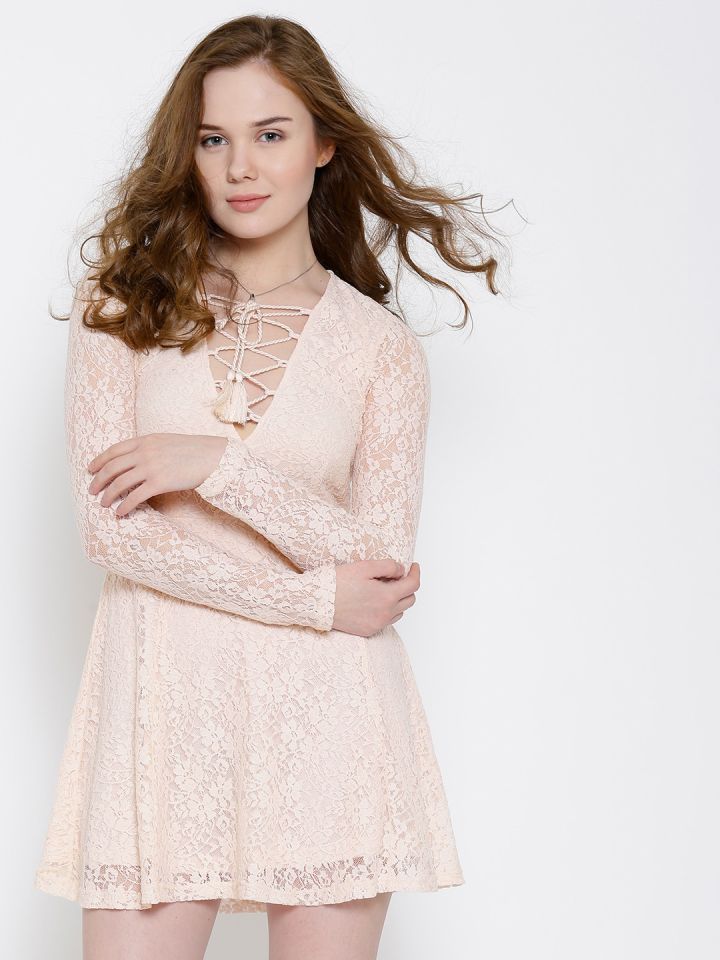 Buy FOREVER 21 Peach Coloured Lace Fit Flare Dress Dresses for
