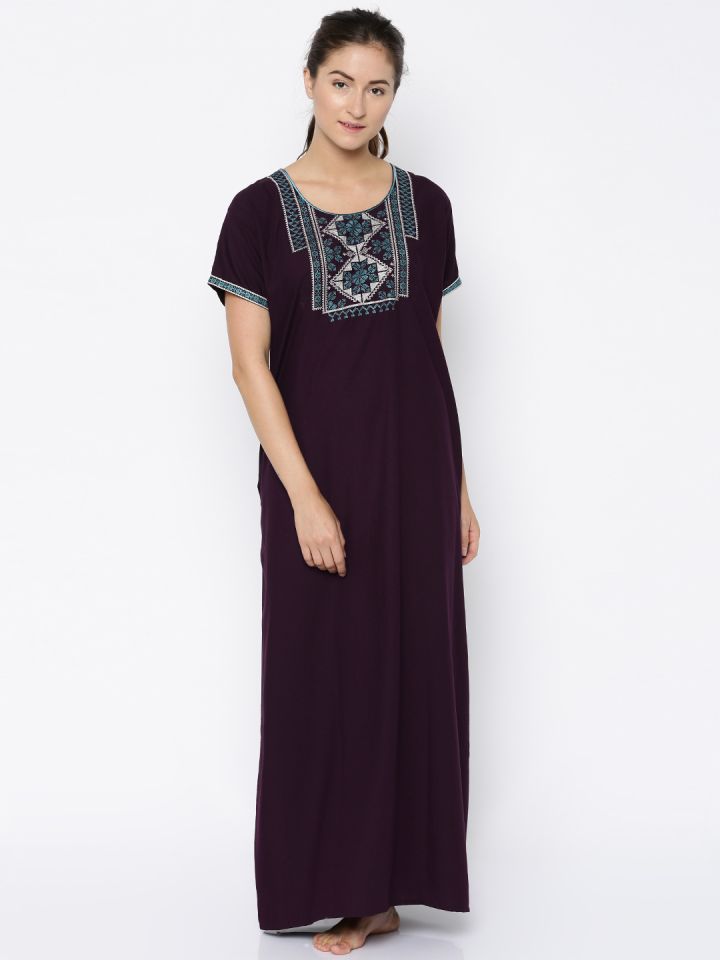 Buy Sand Dune Burgundy Embroidered Maxi Nightdress 4872