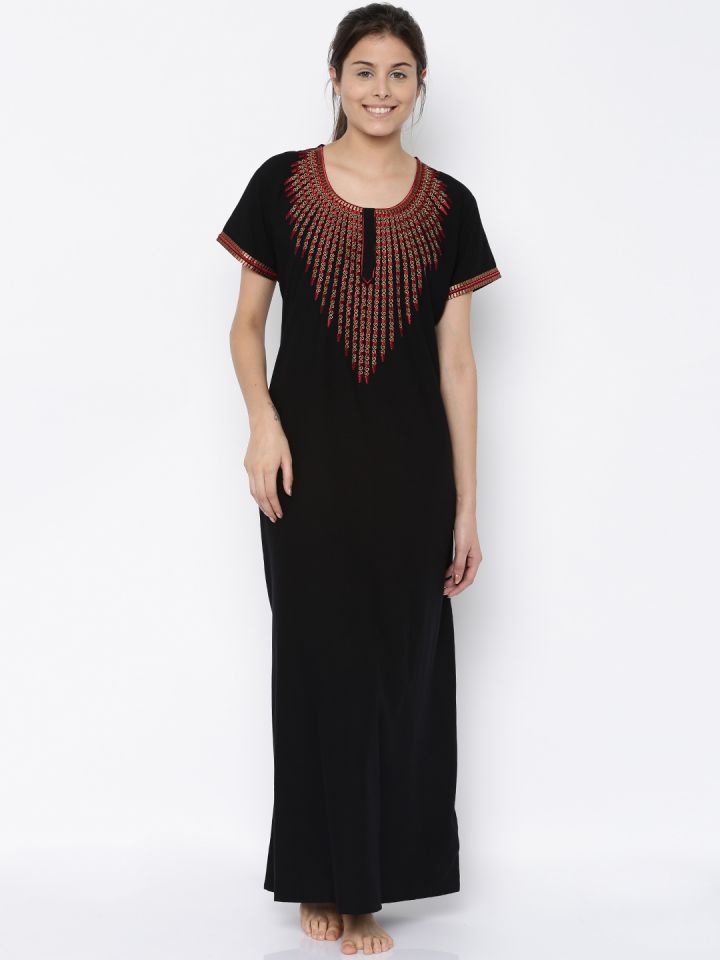 Buy Sand Dune Black Embroidered Maxi Nightdress 4791 Nightdress