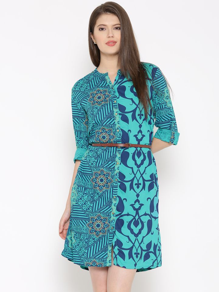 Buy AKKRITI BY PANTALOONS Women Sea Green Printed Shirt Dress