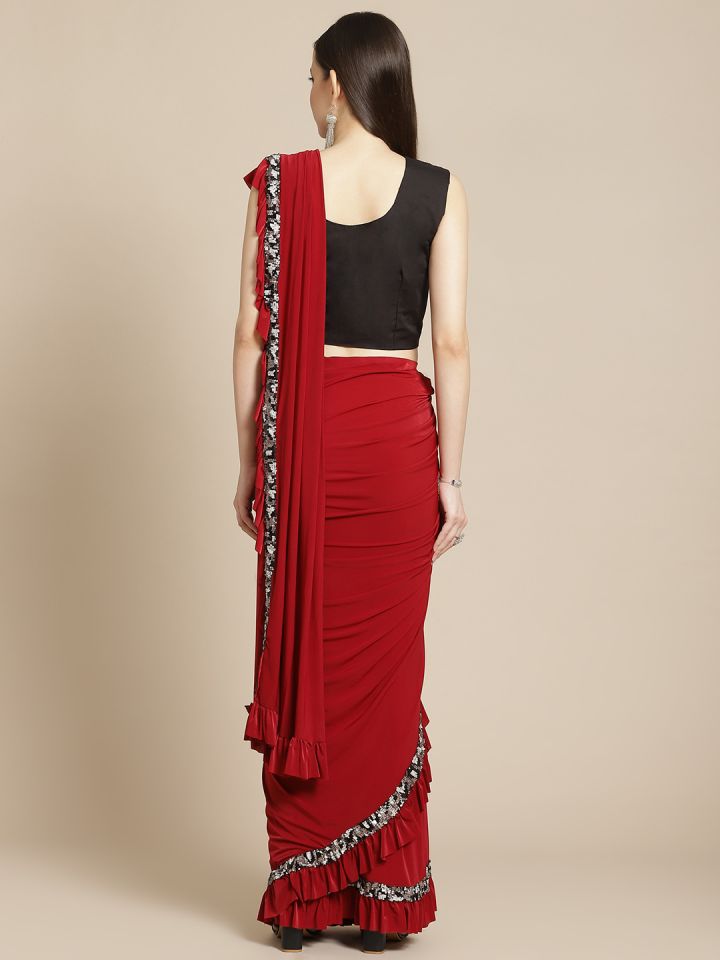 Buy Mitera Red Grey Sequinned Ruffled Ready To Wear Saree