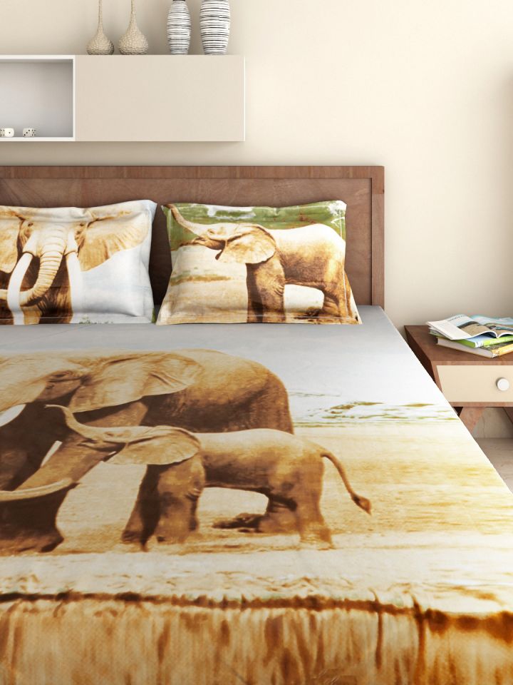 Buy BOMBAY DYEING Kids Brown Cotton 180 TC Double Bedsheet With 2