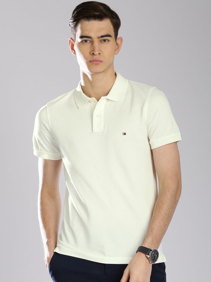 Tommy Hilfiger Men Off white Solid Polo Collar Pure Cotton T shirt