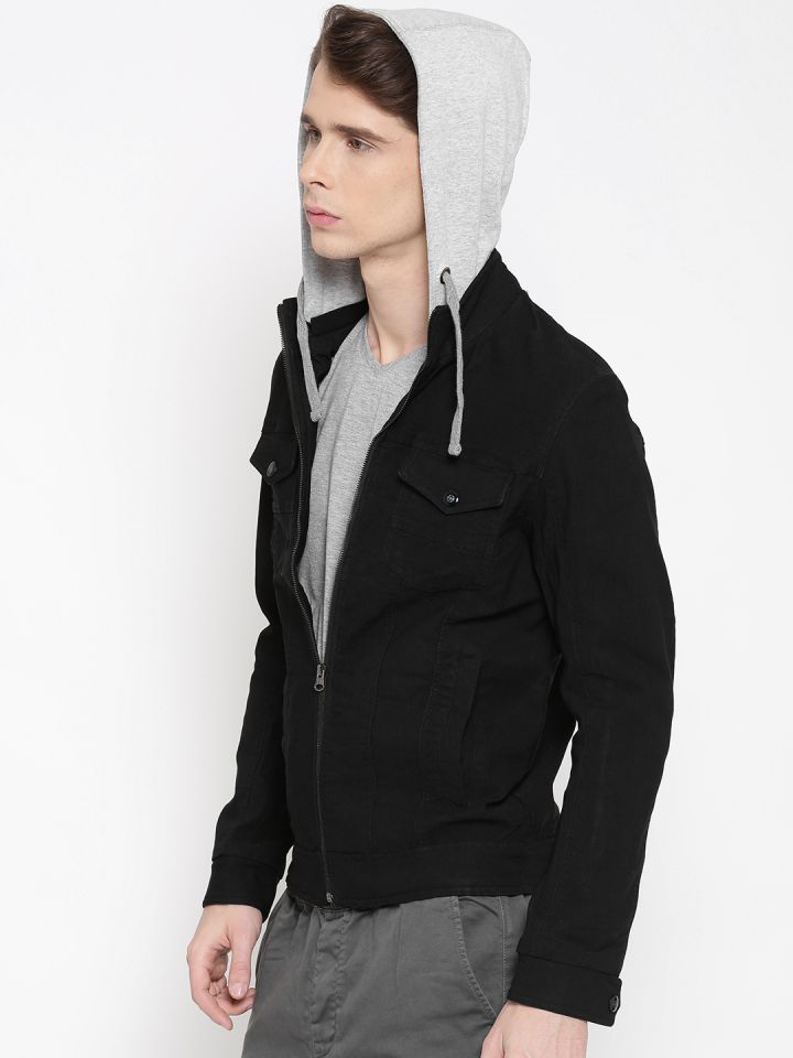 mens black denim jacket with hood
