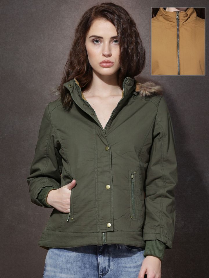 Olive green jacket with fur hood top