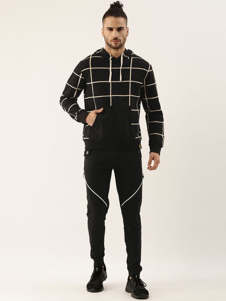 Campus Sutra Men Black White Checked Pure Cotton Casual Tracksuit