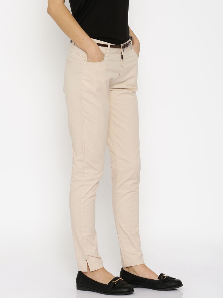 Buy United Colors Of Benetton Women Beige Solid Flat Front Trousers -  Trousers for Women 1485939
