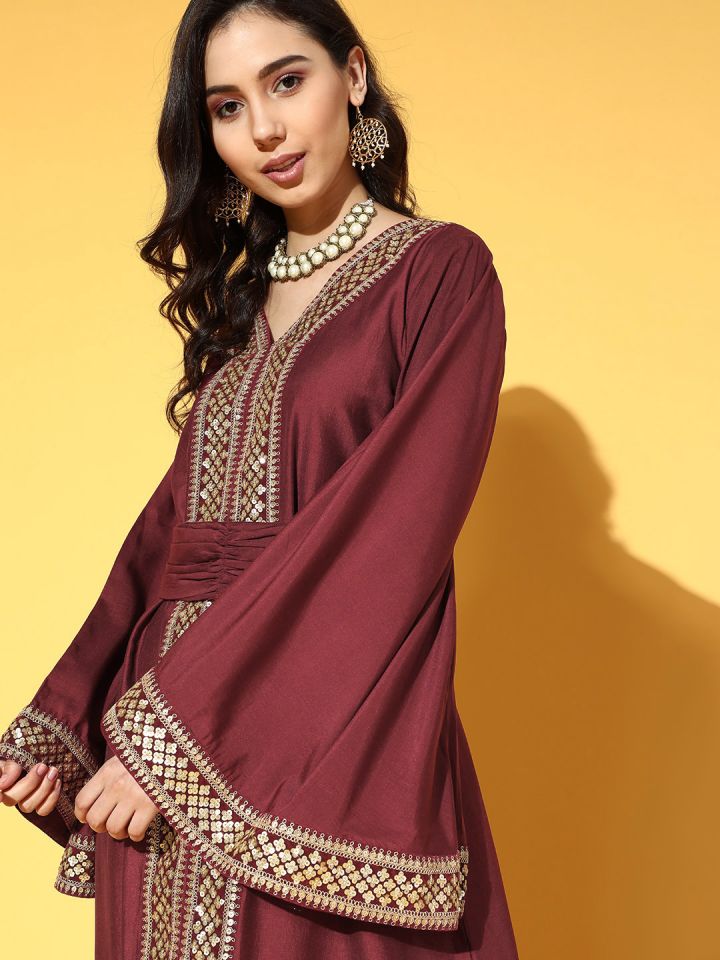 Buy Inddus Women Maroon Ethnic Motif Embroidered Dress With Belt