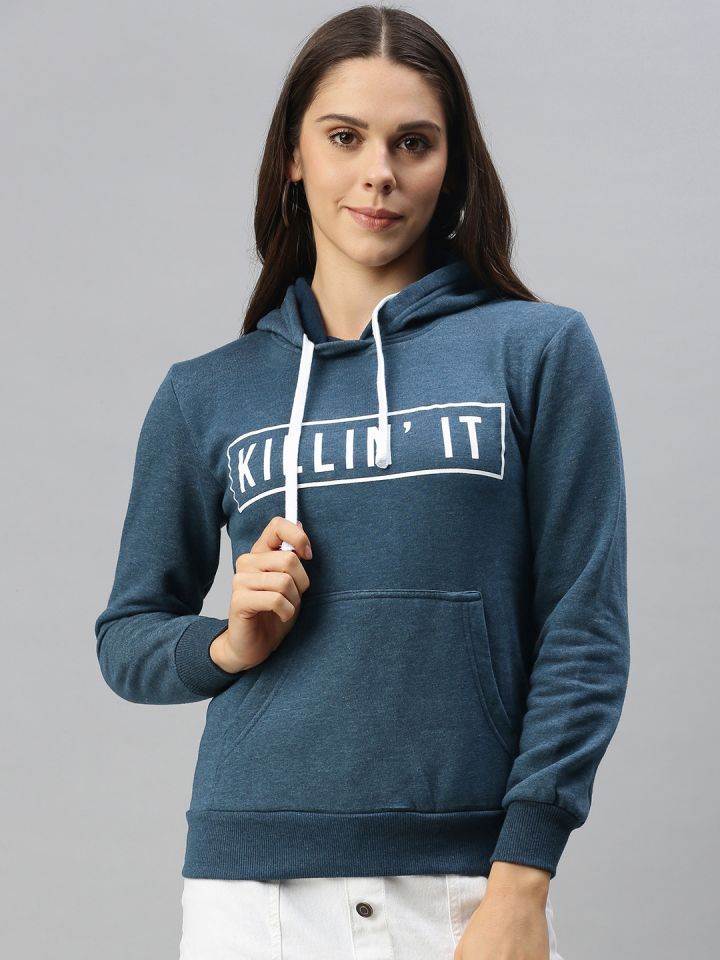 Campus Sutra Women Teal Blue Printed Hooded Sweatshirt