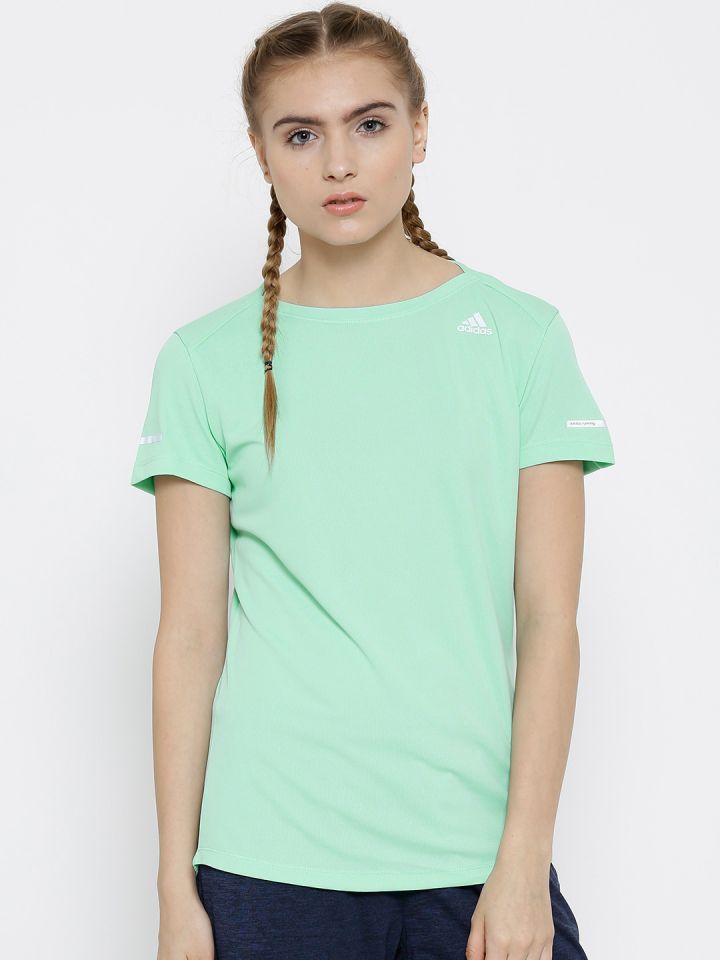 ADIDAS Women Mint Green Solid Round Neck Running T shirt