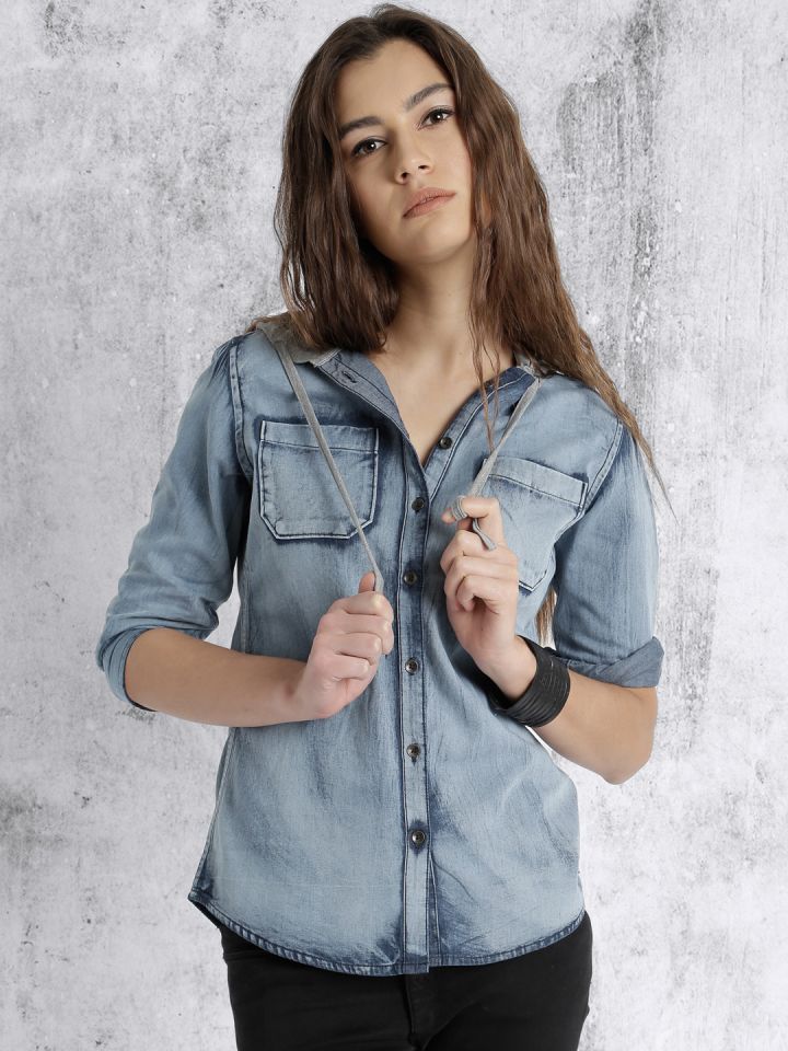 Hooded denim on sale shirt womens