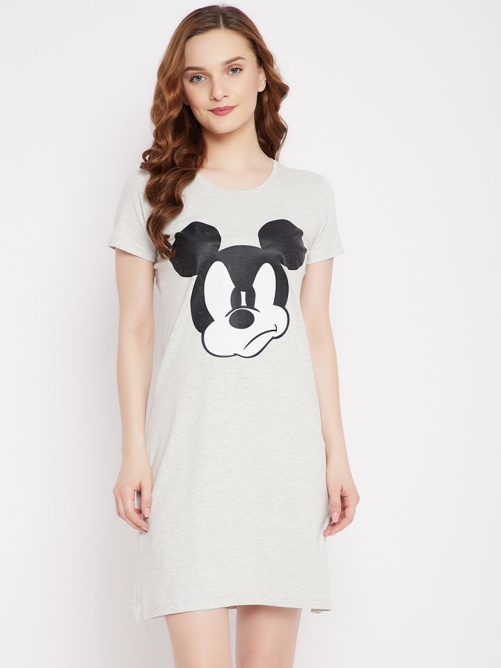 Buy Disney By Wear Your Mind Women Grey & Black Mickey Mouse Printed Pure  Cotton Sleep Shirt - Nightdress for Women 14948218