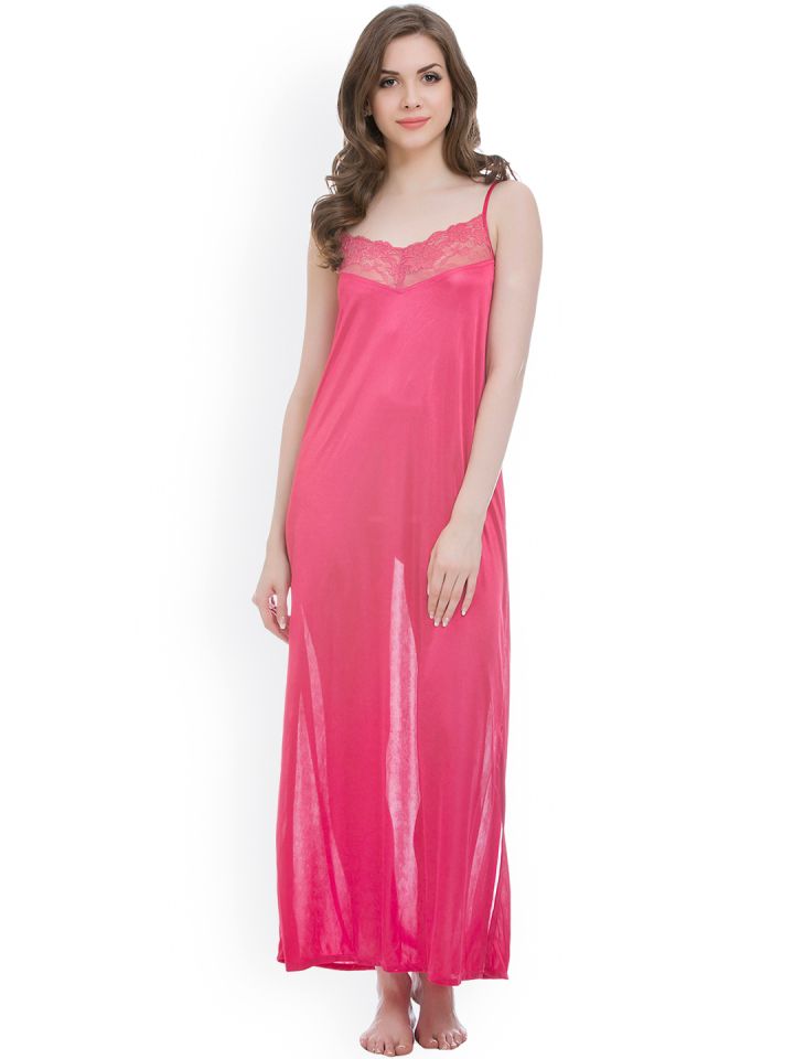 Buy Clovia Pink Floral Print Lace & Satin Maxi Nightdress With