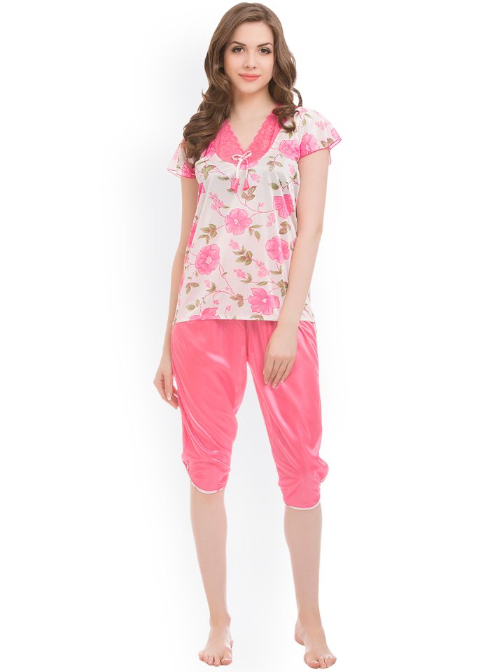 Buy Clovia White & Pink Floral Print Satin Night Suit NS0654P22XL