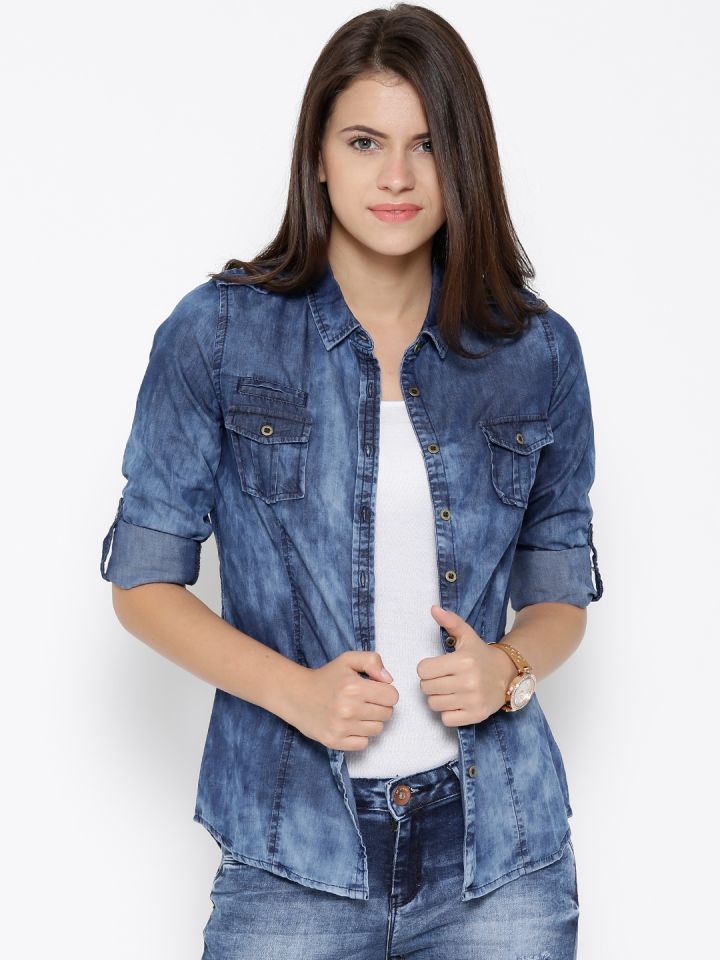 Buy SF JEANS By Pantaloons Blue Washed Denim Longline Shirt - Shirts for  Women 1574919