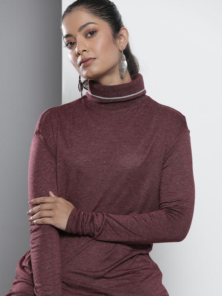 Buy Tommy Hilfiger Women Burgundy Solid Turtle Neck Casual T Shirt