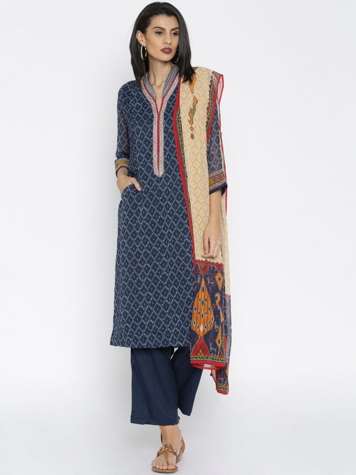 Buy BIBA Navy Printed Kurta With Palazzo Trousers Dupatta