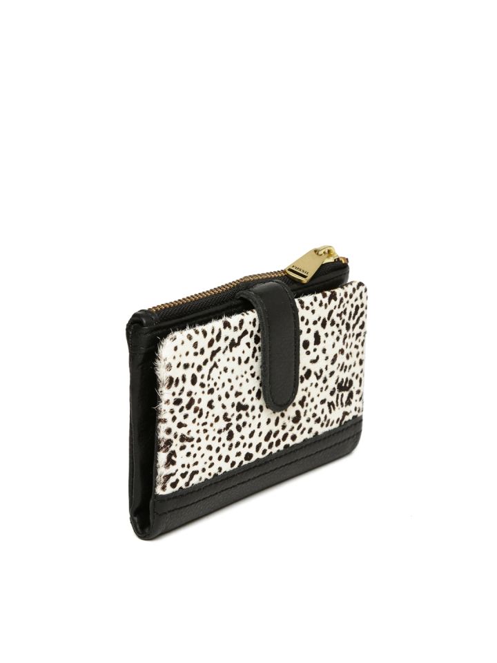 Fossil Black & Off-White Leather Animal Print Wallet