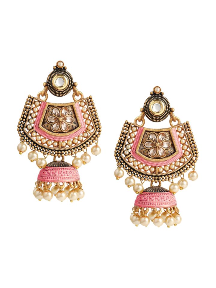 Buy OOMPH Pink Meenakari Kundan Pearl Floral Ethnic Drop Jhumka