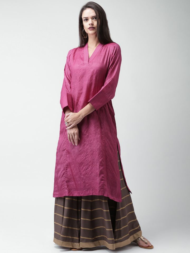 Buy JAYPORE Women Magenta Tussar Silk A Line Kurta Kurtas for
