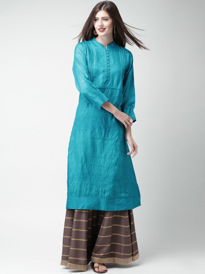 Buy JAYPORE Women Blue Solid Tussar Silk Anarkali Kurta