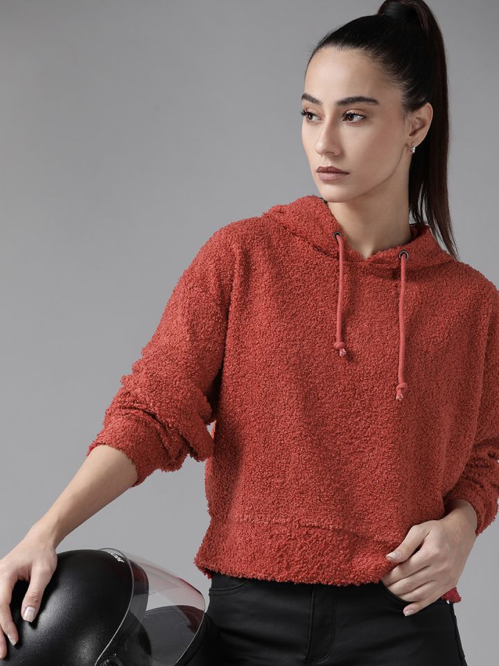 Buy Roadster Women Red Hooded Sherpa Sweatshirt Sweatshirts for