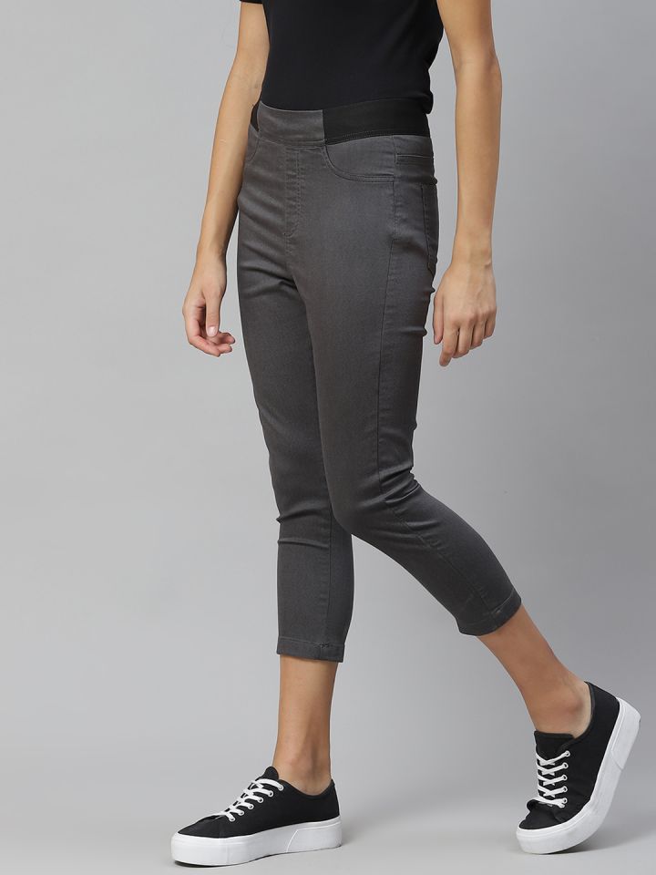 Buy Marks Spencer Women Charcoal Grey Solid Cropped Jeggings