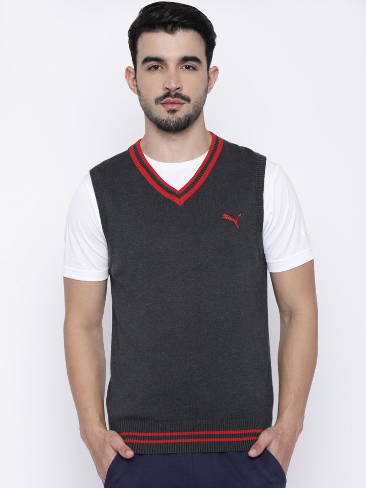 Puma Men Grey Red Solid Pullover