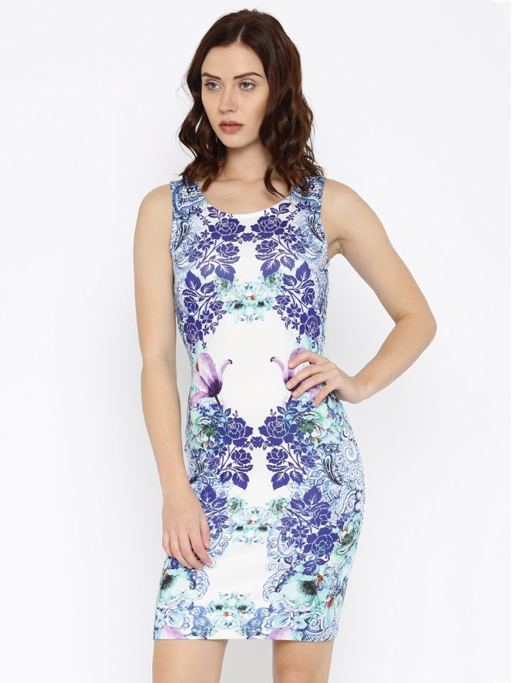 ONLY Women White Blue Printed Bodycon Dress