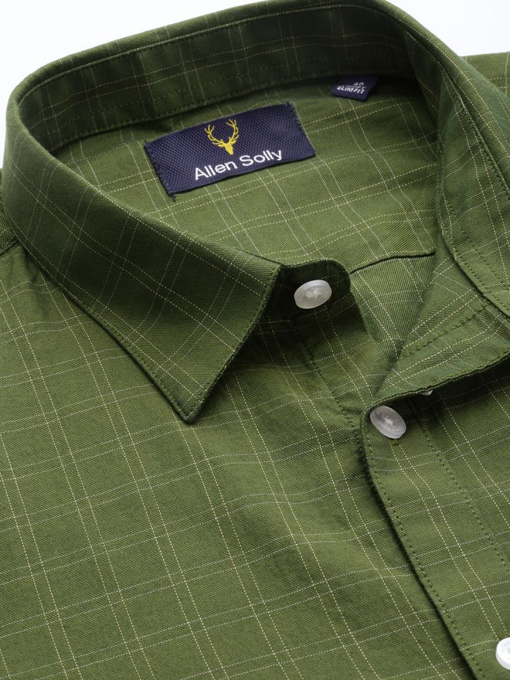 Allen Solly Men Olive Green Slim Fit Grid Tattersall Checks Brand Logo Pure Cotton Shirt