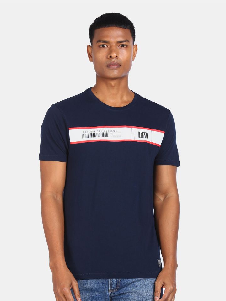 Buy Flying Machine Men Navy Blue Typography Pure Cotton T Shirt