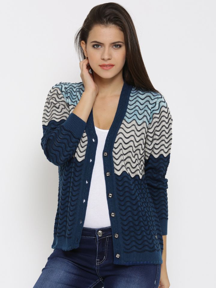 Buy Monte Carlo Women Blue Off White Patterned Cardigan