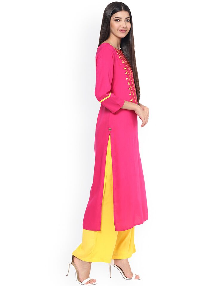 Pink And Yellow Designer Ladies Kurti Crepe Printed Long Kurta And Kur   Lady India