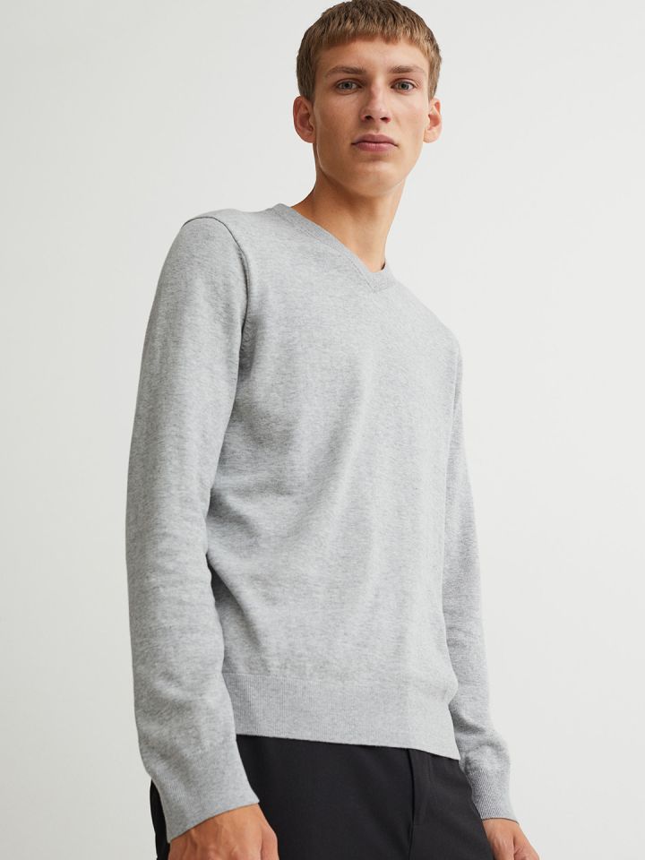 H M Men Grey V neck Cotton Jumper