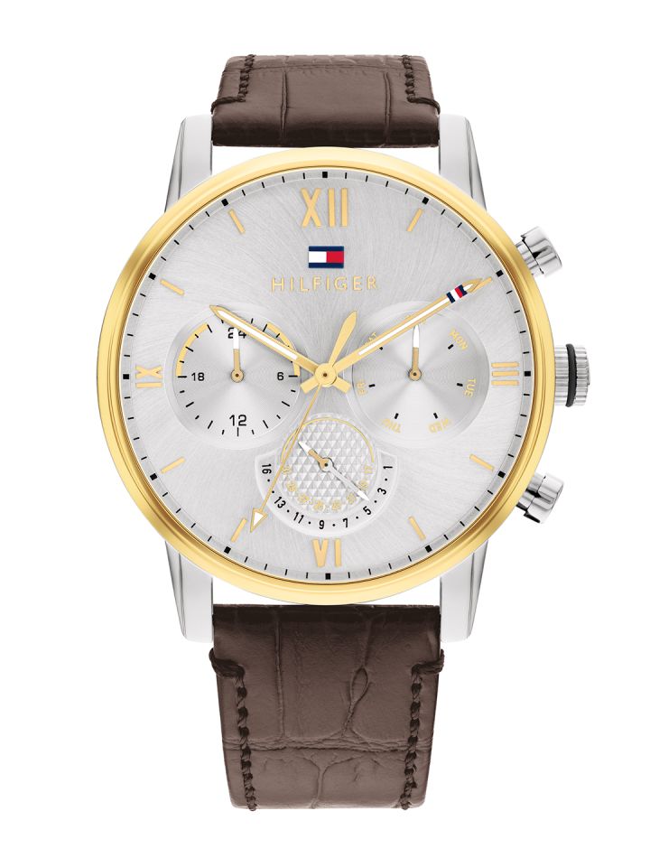Buy Tommy Hilfiger Men Silver Toned Dial Brown Leather Straps