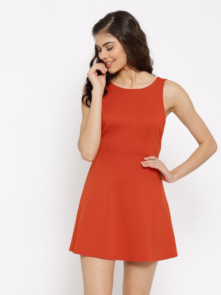 FOREVER 21 Women Rust Orange Solid Fit Flare Dress