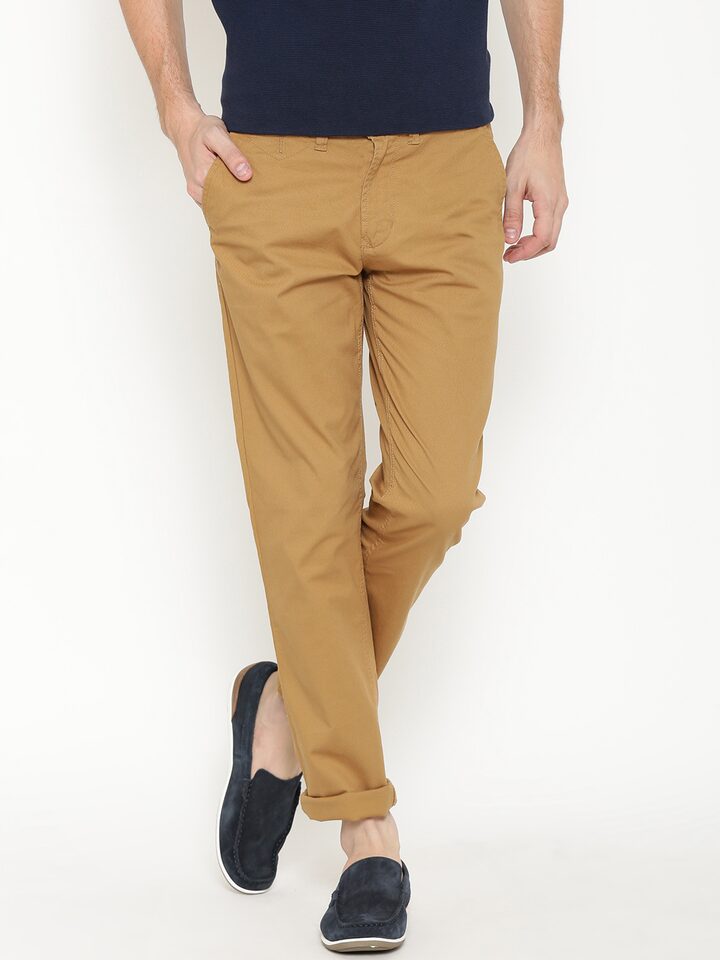 Buy URBAN EAGLE By Pantaloons Men Mustard Brown Solid Flat Front Trousers   Trousers for Men 1580103  Myntra