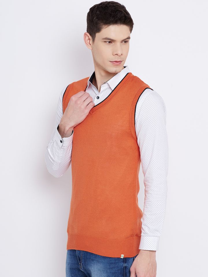 Numero Uno Men Orange Solid Sleeveless Sweater