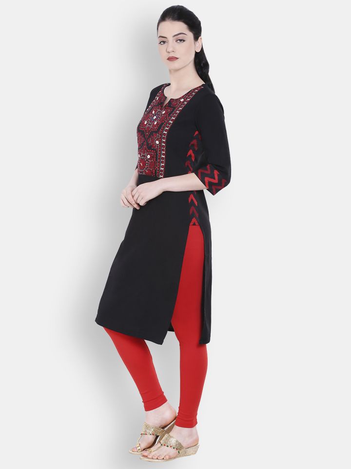 Buy RANGMANCH BY PANTALOONS Women Black Embroidered Straight Kurta - Kurtas  for Women 1582295