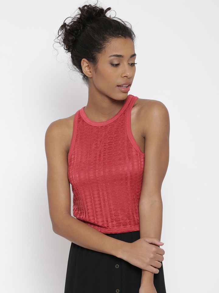 Buy FOREVER 21 Women Brick Red Lace Crop Top Tops for Women