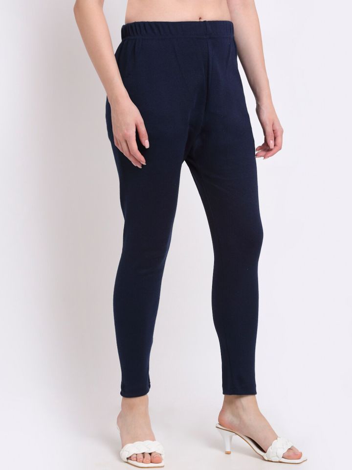 Navy Blue Knitted Leggings Plain Ankle-Length Leggings – Lady India