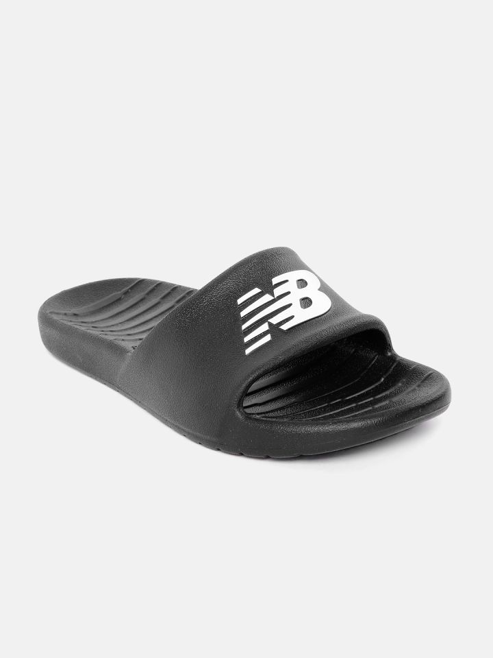 New Balance Men Black White Brand Logo Print Sliders