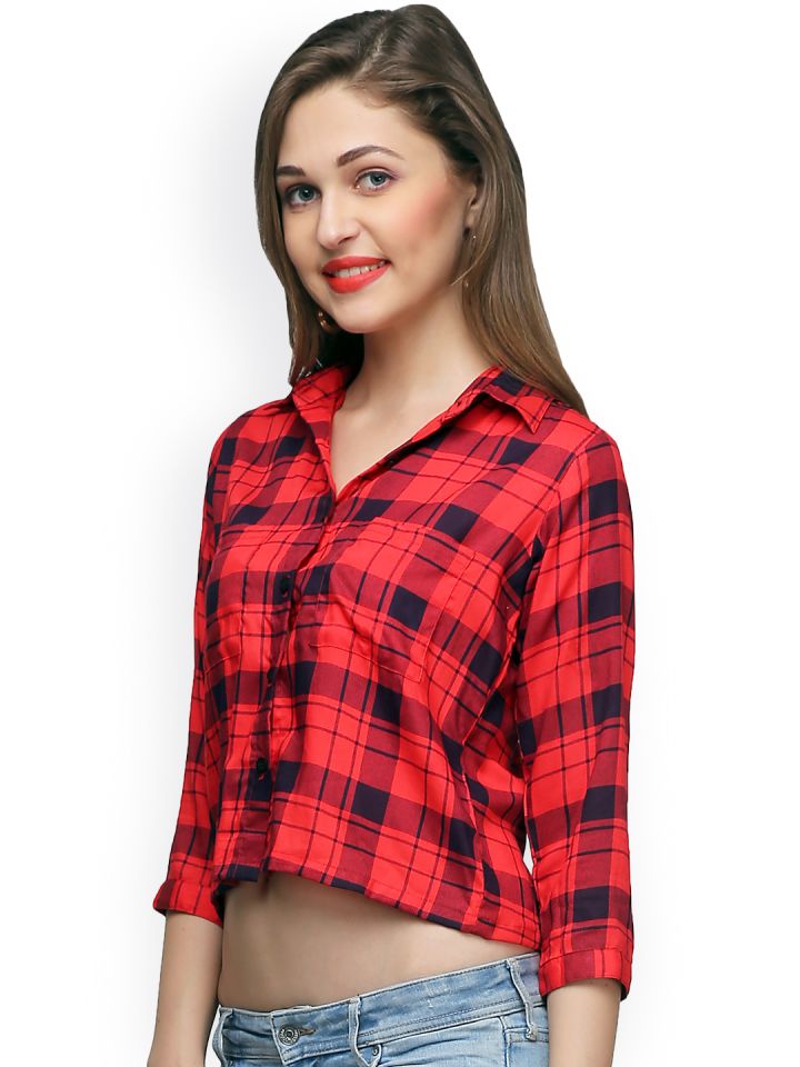 Cation Women Red & Navy Regular Fit Checked Crop Shirt