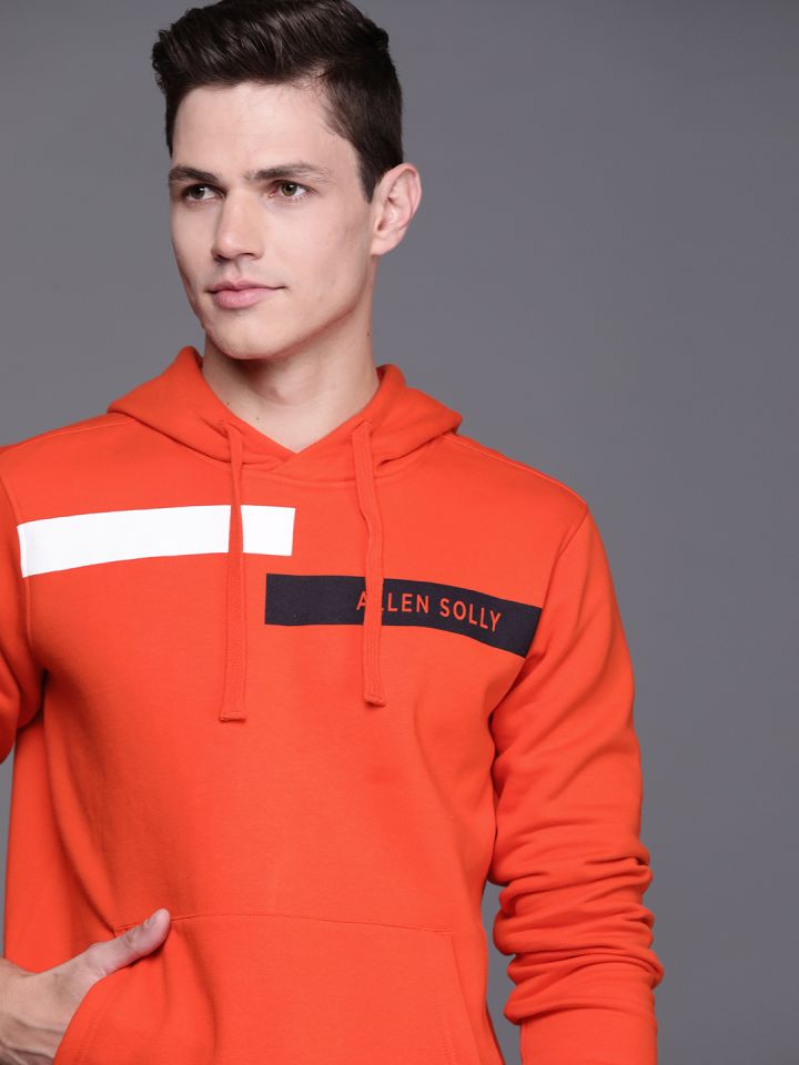Buy Allen Solly Men Orange Black Striped Hooded Sweatshirt