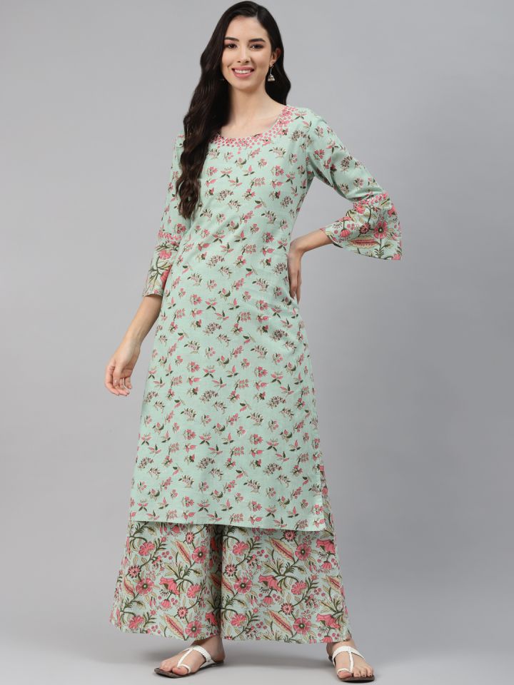 Buy Silai Bunai Women Green Floral Printed Regular Mirror Work