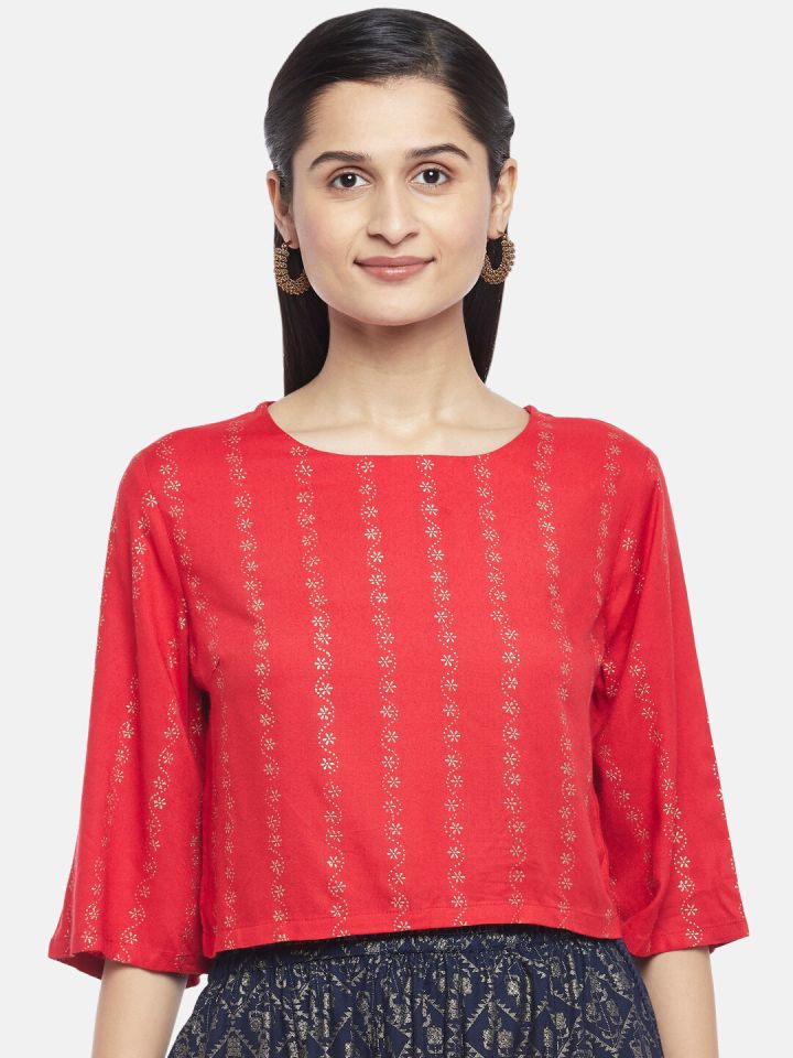 Akkriti by Pantaloons Pink Cotton Embroidered Crop Top