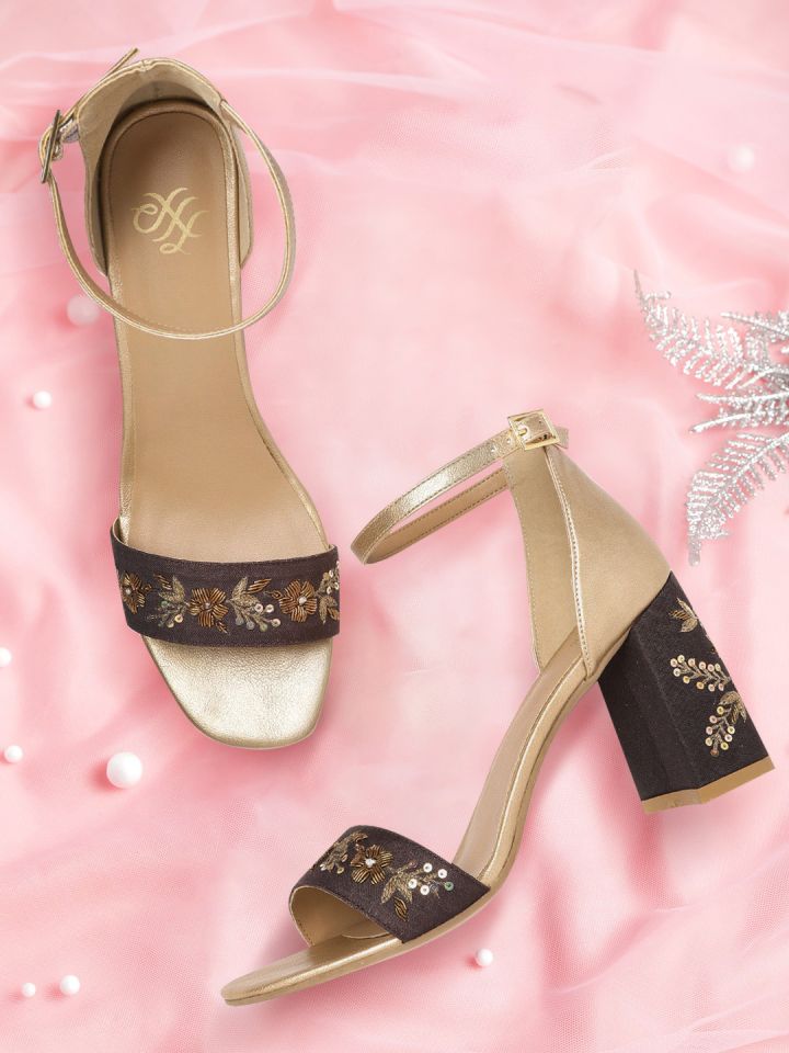 House of Pataudi Coffee Brown Gold Toned Embellished Handcrafted Block Heels