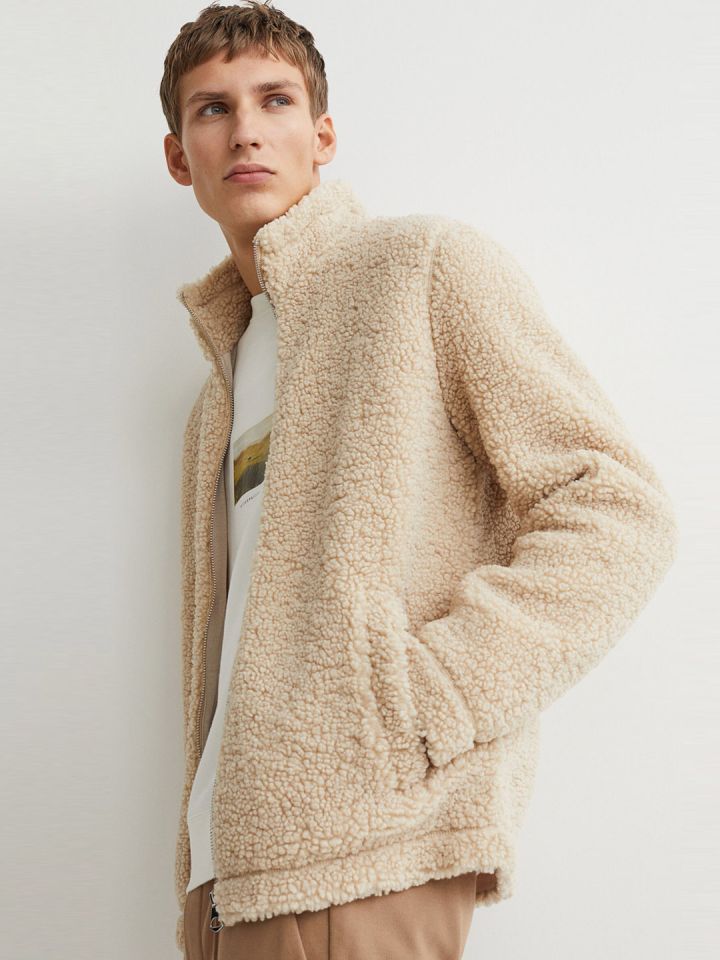 H M Men Beige Regular Fit Faux Shearling Jacket